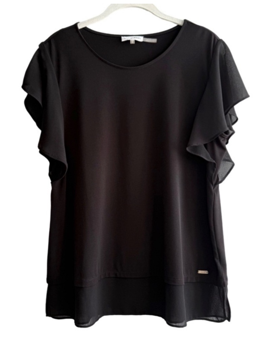 Calvin Klein Chiffon Hemline and Ruffle  Sleeve Blouse Jersey  Black Size M